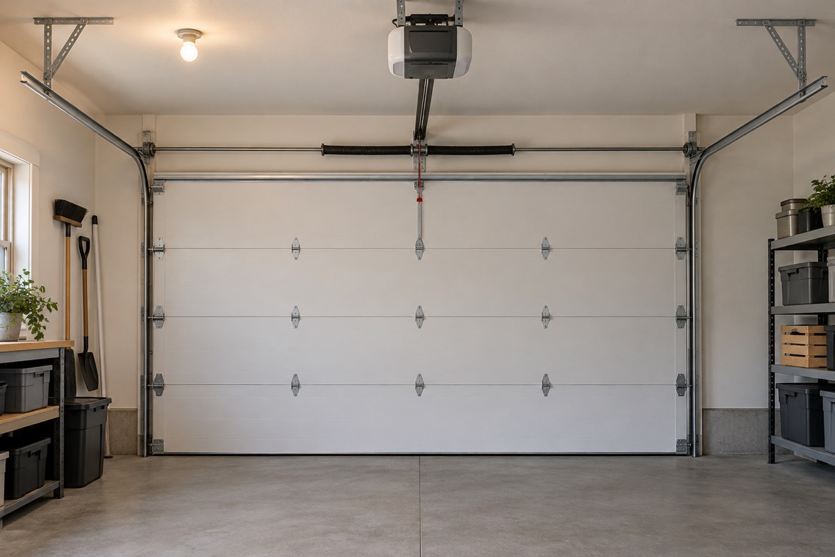Ouvre-porte installé au plafond d’un garage propre devant une porte sectionnelle blanche fermée.