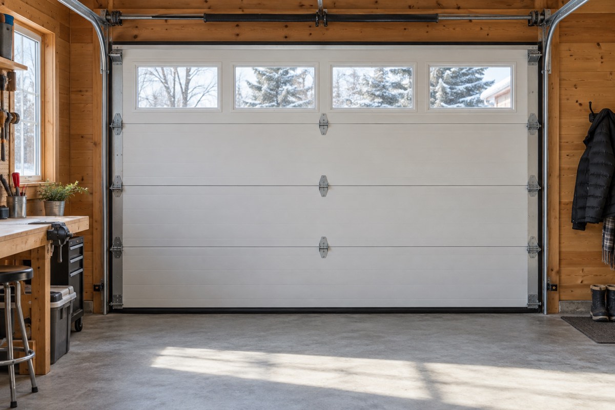 Intérieur d’un garage avec porte sectionnelle blanche, fenêtres hautes et joints périphériques visibles.