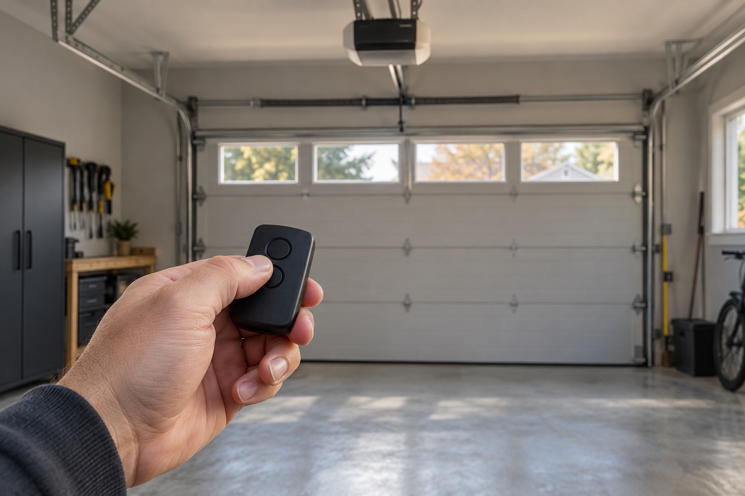 Illustration d’une télécommande devant une porte de garage et son ouvre-porte au plafond
