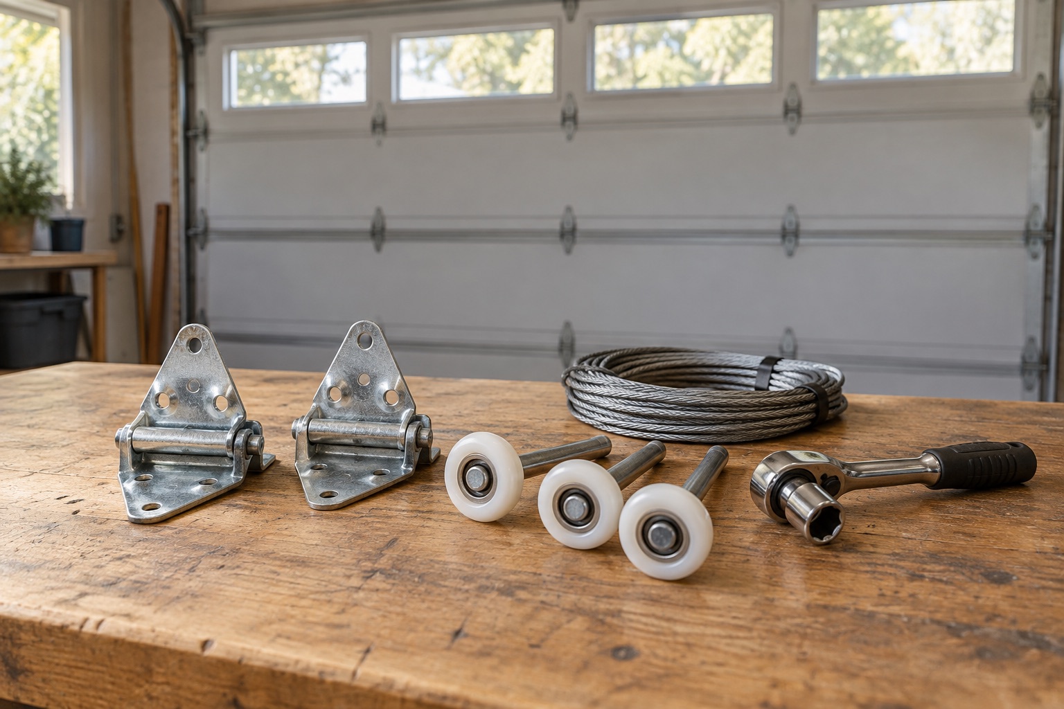 Illustration de charnières, roulettes et câble de porte de garage sur un établi