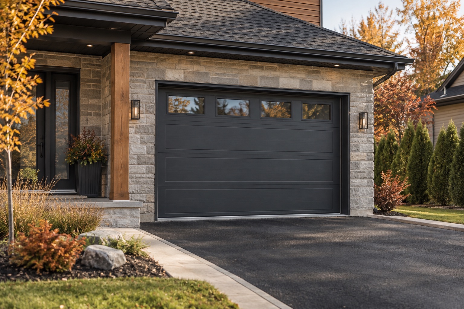 Illustration d’une porte de garage sectionnelle anthracite sur une maison en pierre claire